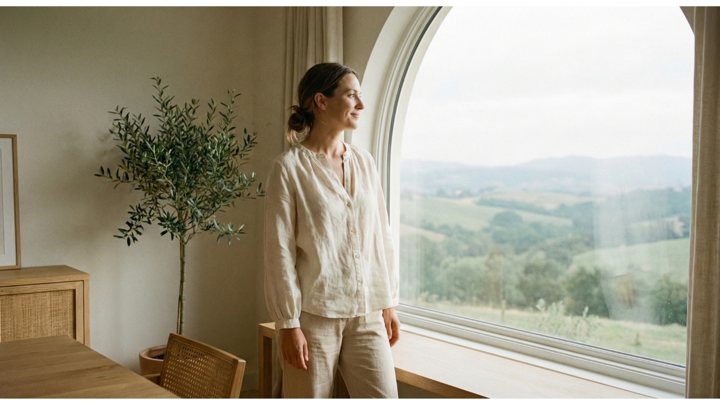 Mujer profesional visionaria y tranquila planificando su futuro